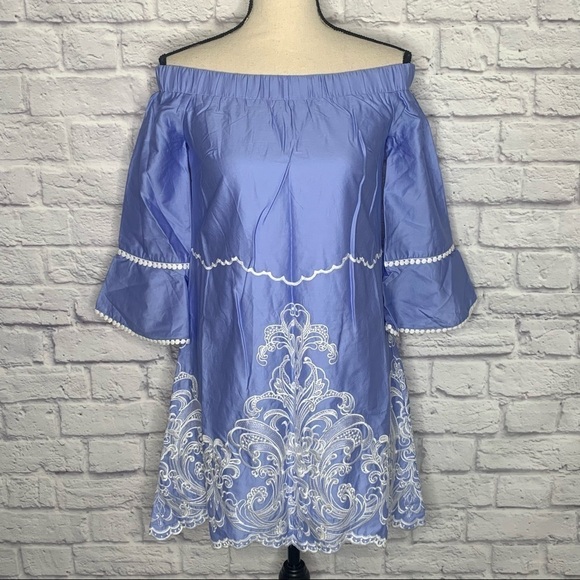 Foxiedox Blue Off Shoulder Embroidered Shift Dress NWT - Picture 4 of 15